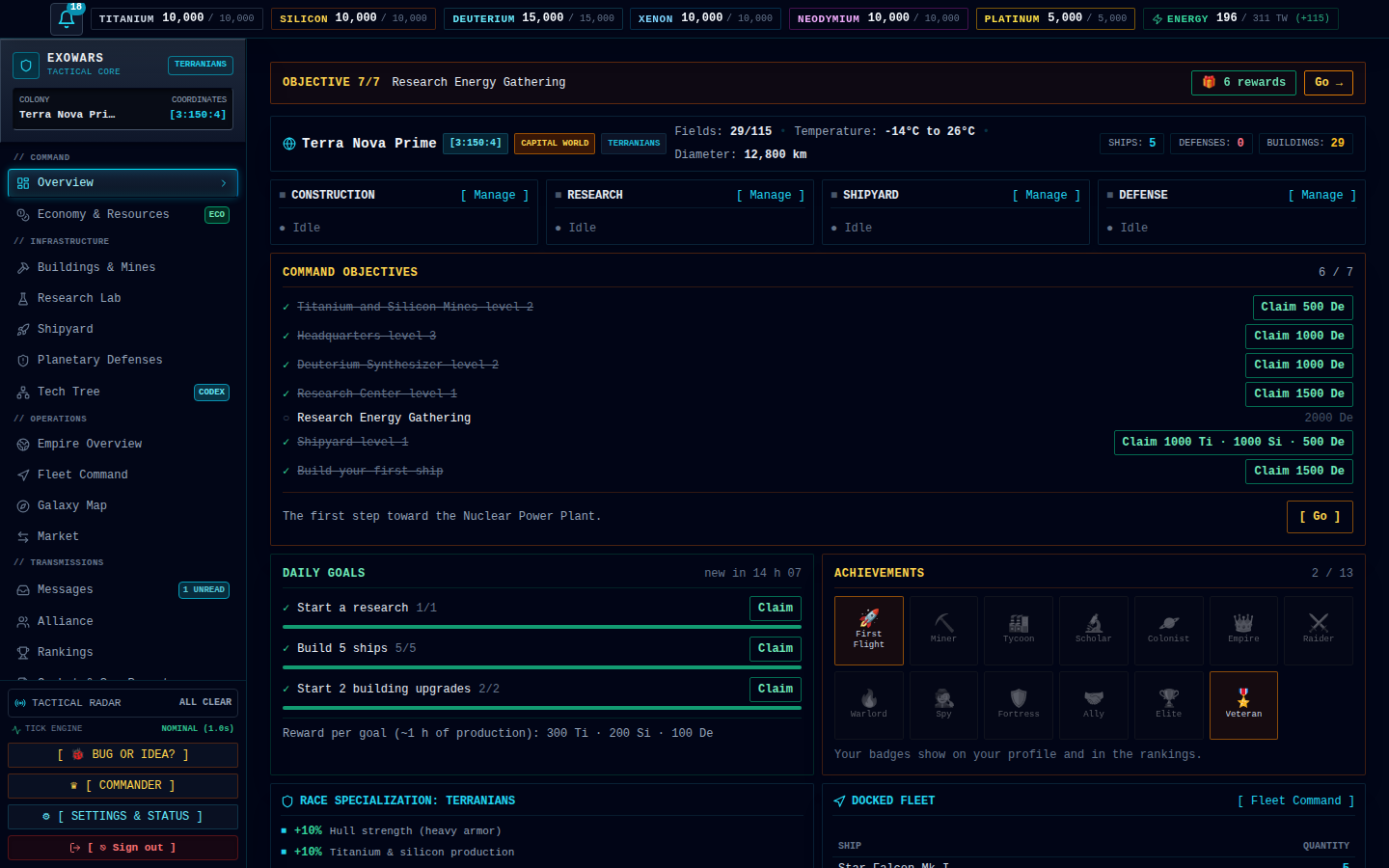 Colony overview with objectives, daily goals and achievements